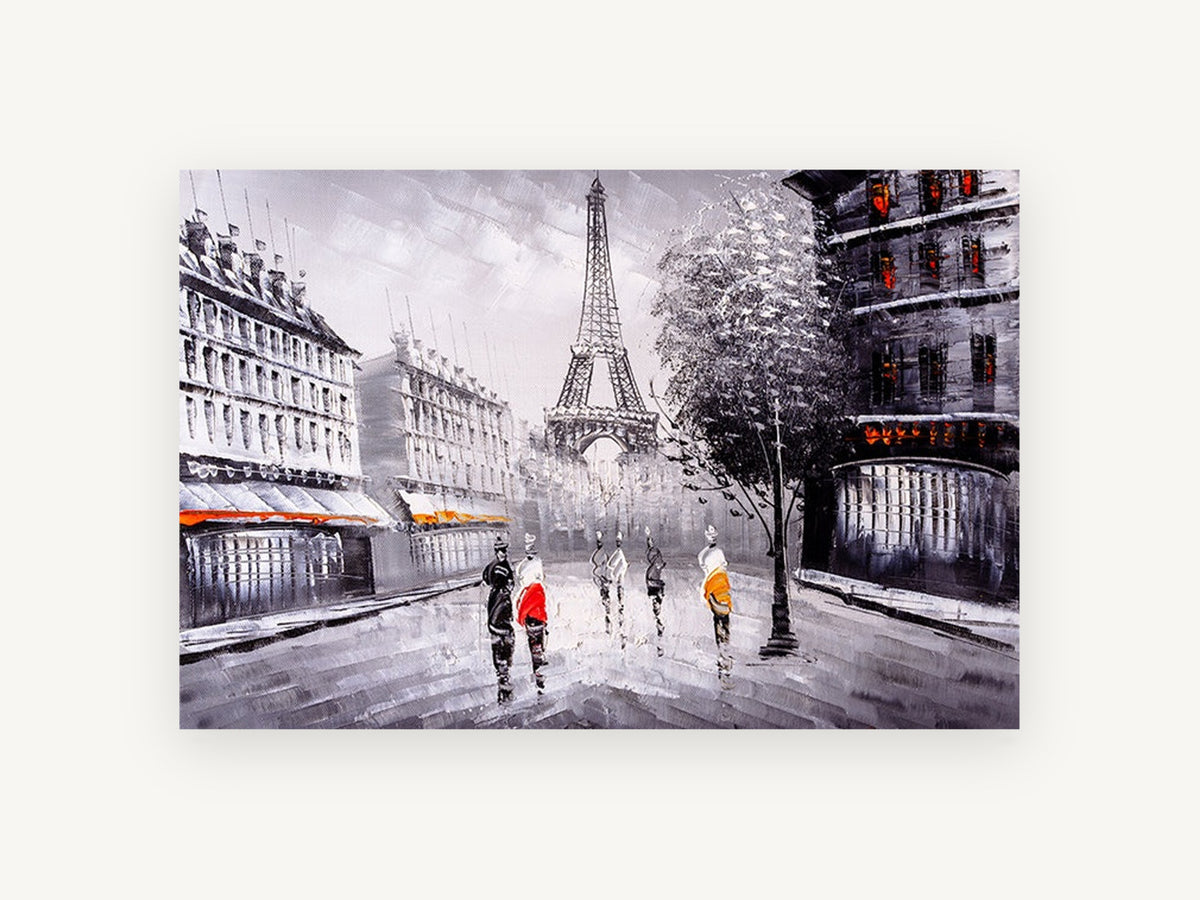 Paris Street in Grey and Red, paris eiffel tower street scene painting, city canvas wall art print, front view