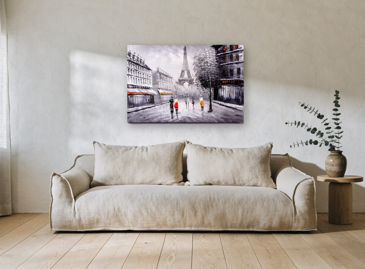 Paris Street in Grey and Red city canvas print on the wall of a living room