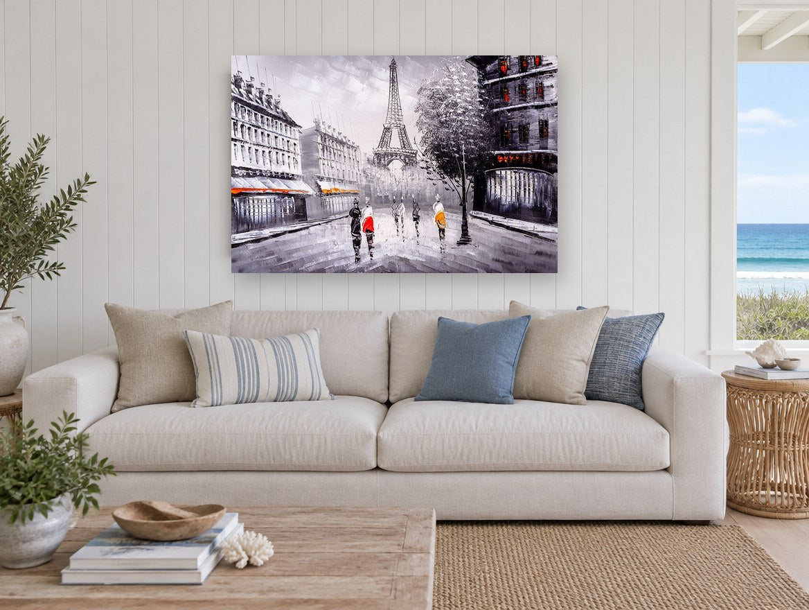 Paris Street in Grey and Red city canvas print on the wall of a beach house living room