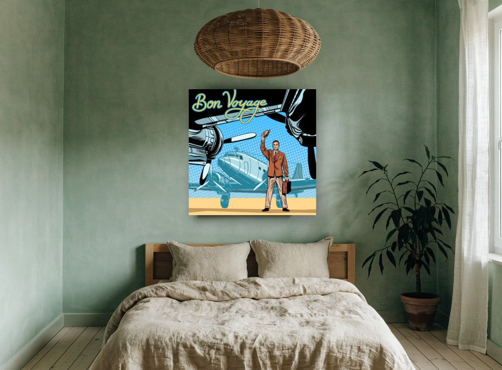 Bon Voyage Departure vintage canvas print on the wall of a bedroom