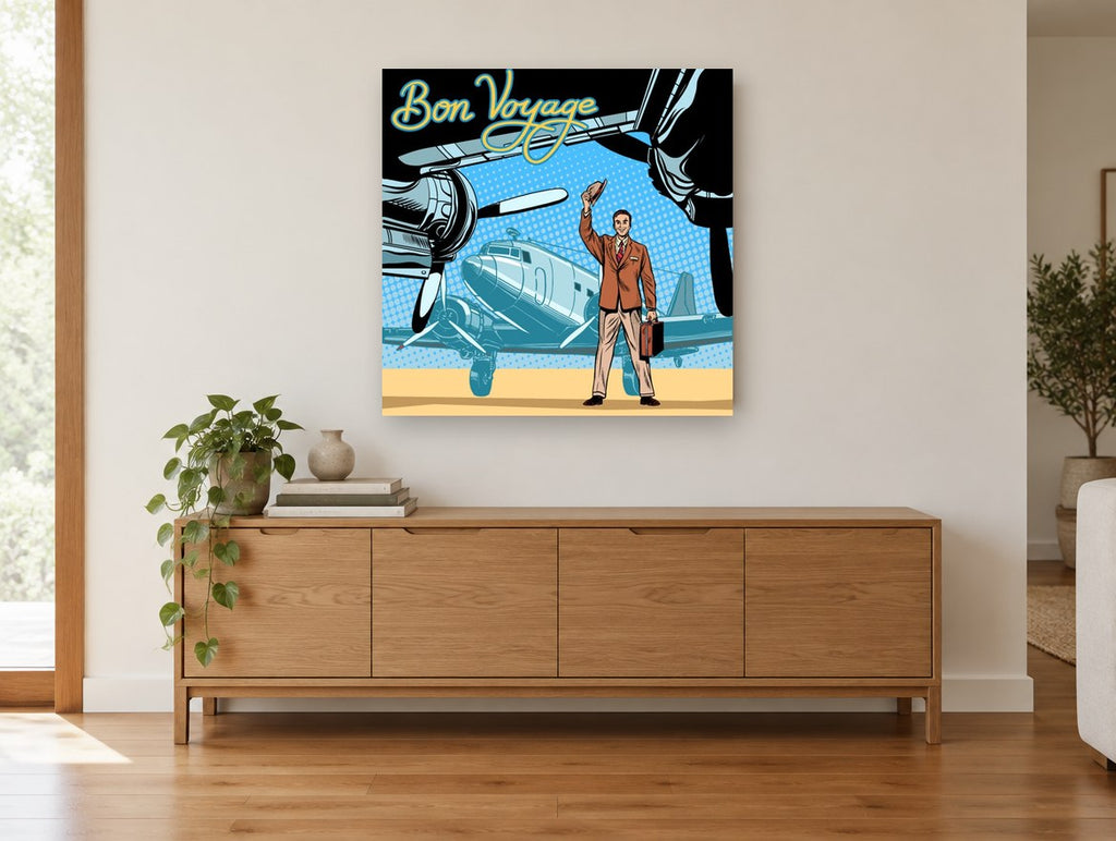 Bon Voyage Departure vintage canvas print on the wall of a living room above a sideboard