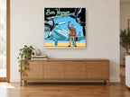 Bon Voyage Departure vintage canvas print on the wall of a living room above a sideboard