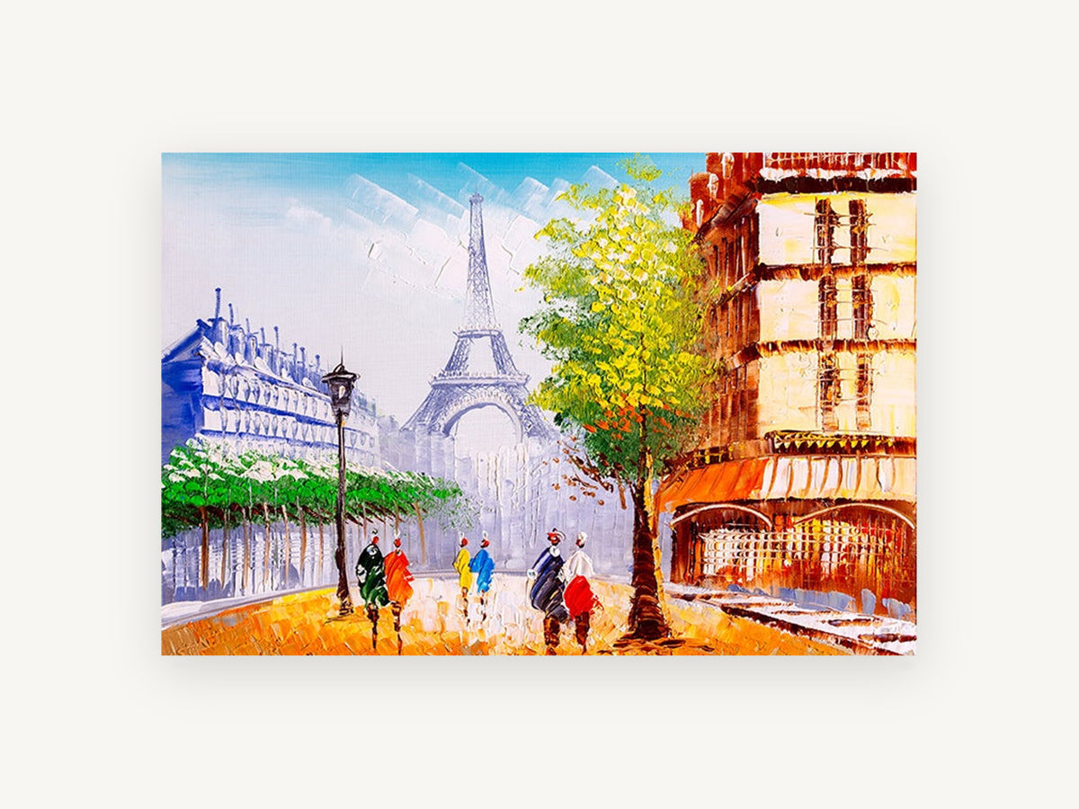Paris Street Palette, eiffel tower parisian street scene painting, city canvas wall art print, front view