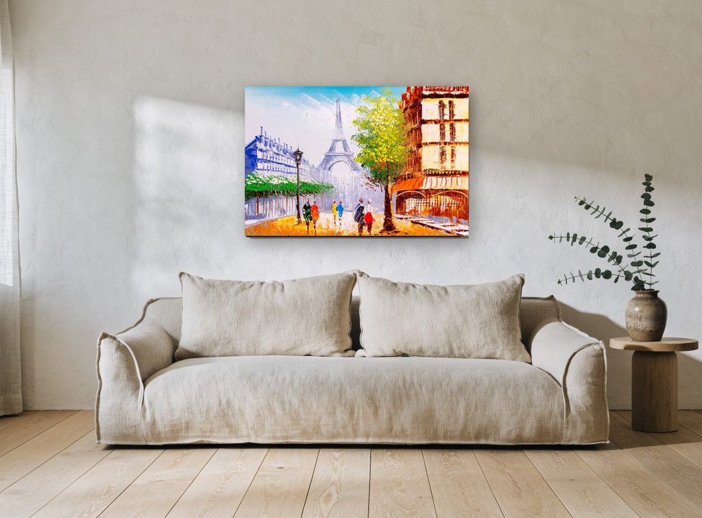 Paris Street Palette city canvas print on the wall of a living room