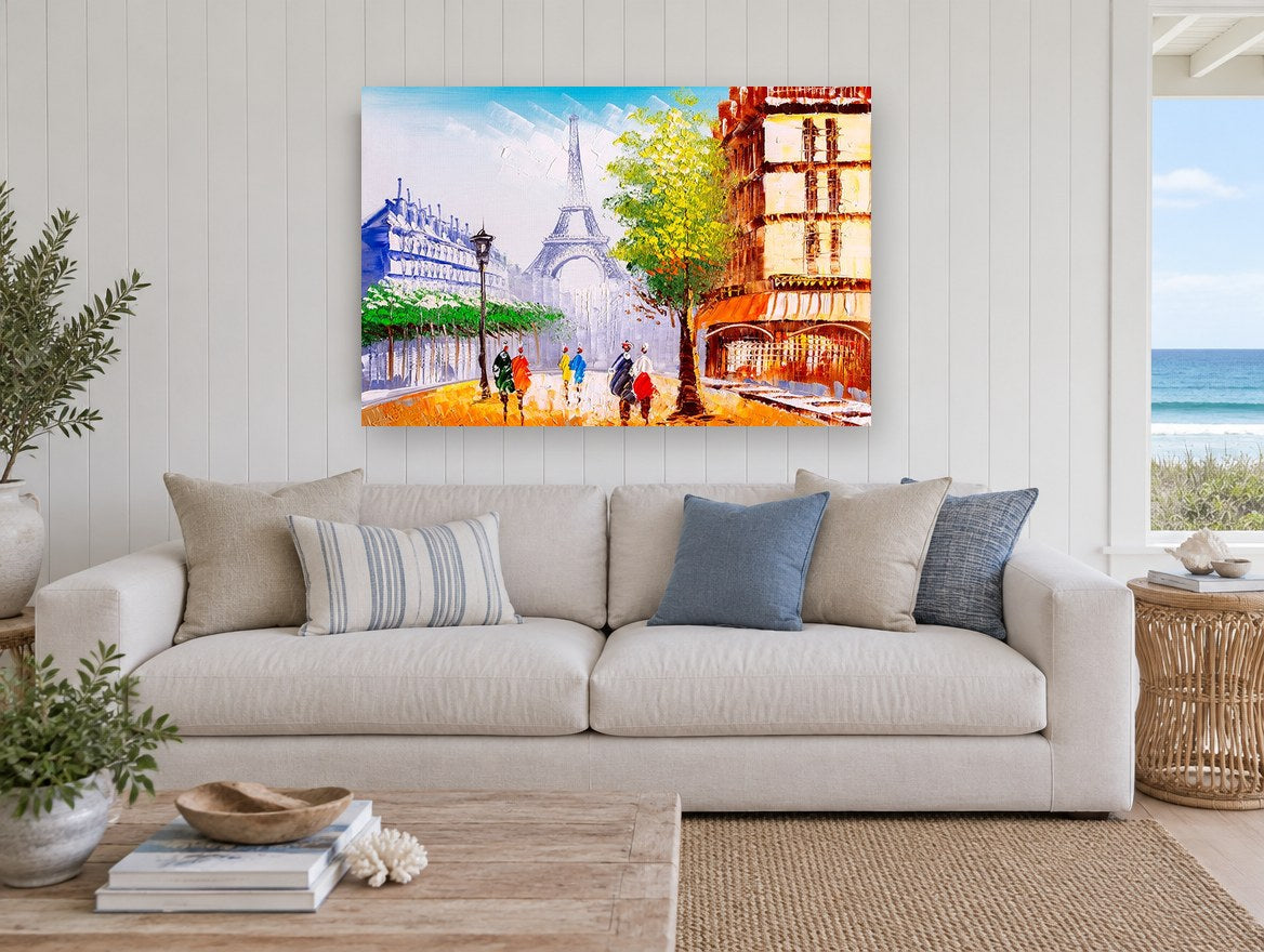 Paris Street Palette city canvas print on the wall of a beach house living room