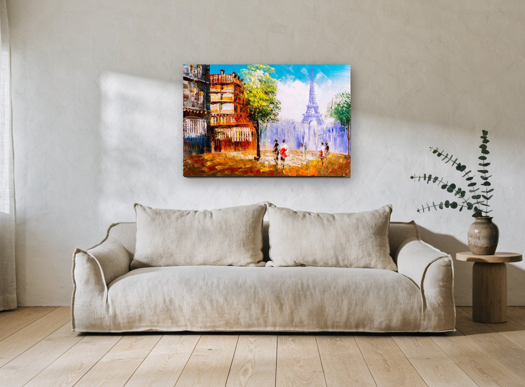 Autumn Walk to Eiffel city canvas print on the wall of a living room