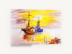 Golden Harbour Moorings, fishing boats at sunset seascape, coastal canvas wall art print ready to hang