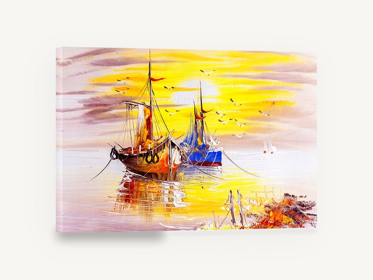Golden Harbour Moorings, fishing boats at sunset seascape, coastal canvas wall art print ready to hang