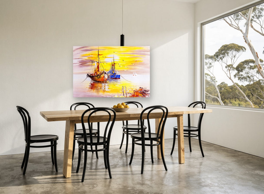 Golden Harbour Moorings coastal canvas print on the wall of a dining room