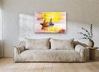Golden Harbour Moorings coastal canvas print on the wall of a living room