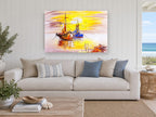 Golden Harbour Moorings coastal canvas print on the wall of a beach house living room