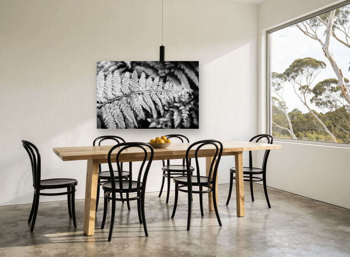 Silver Fern Frond floral canvas print on the wall of a dining room