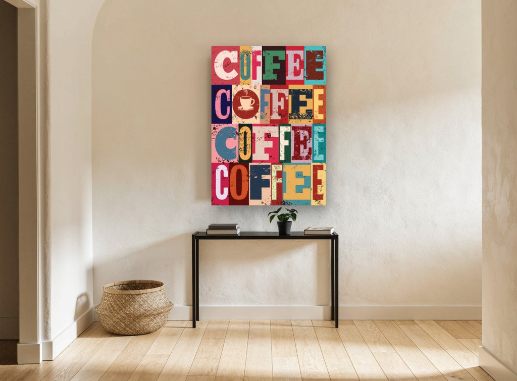 Coffee Block Letters kitchen canvas print on the wall of a hallway