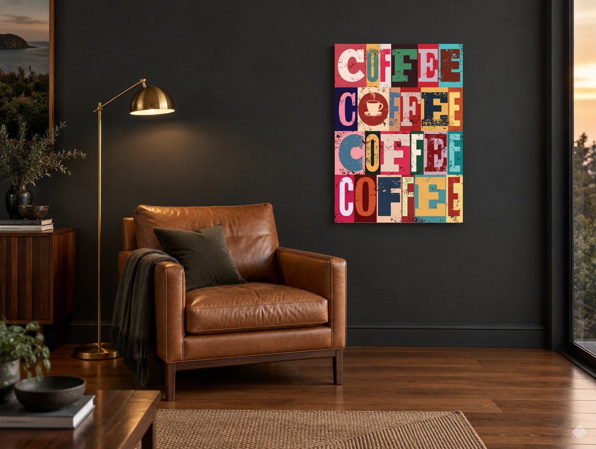 Coffee Block Letters kitchen canvas print on the wall of a charcoal living room