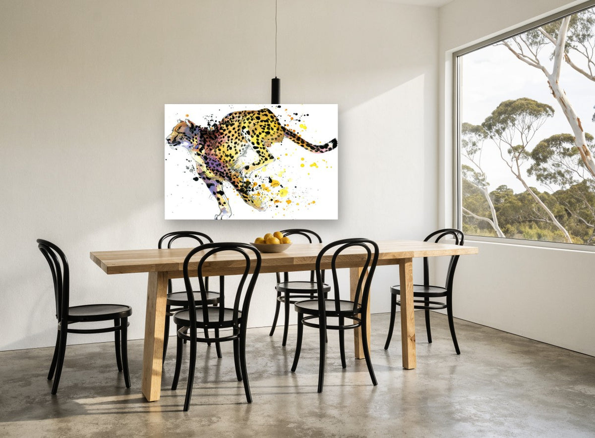 Sprinting Cheetah Splash animal canvas print on the wall of a dining room