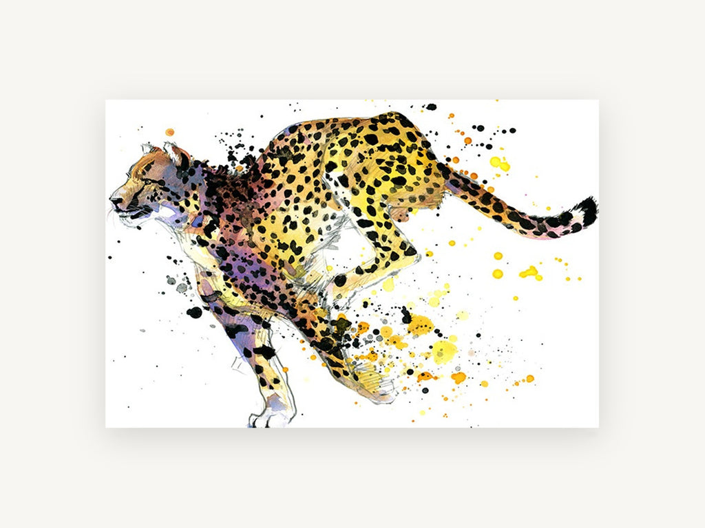 Sprinting Cheetah Splash, running cheetah watercolour splatter, animal canvas wall art print, front view