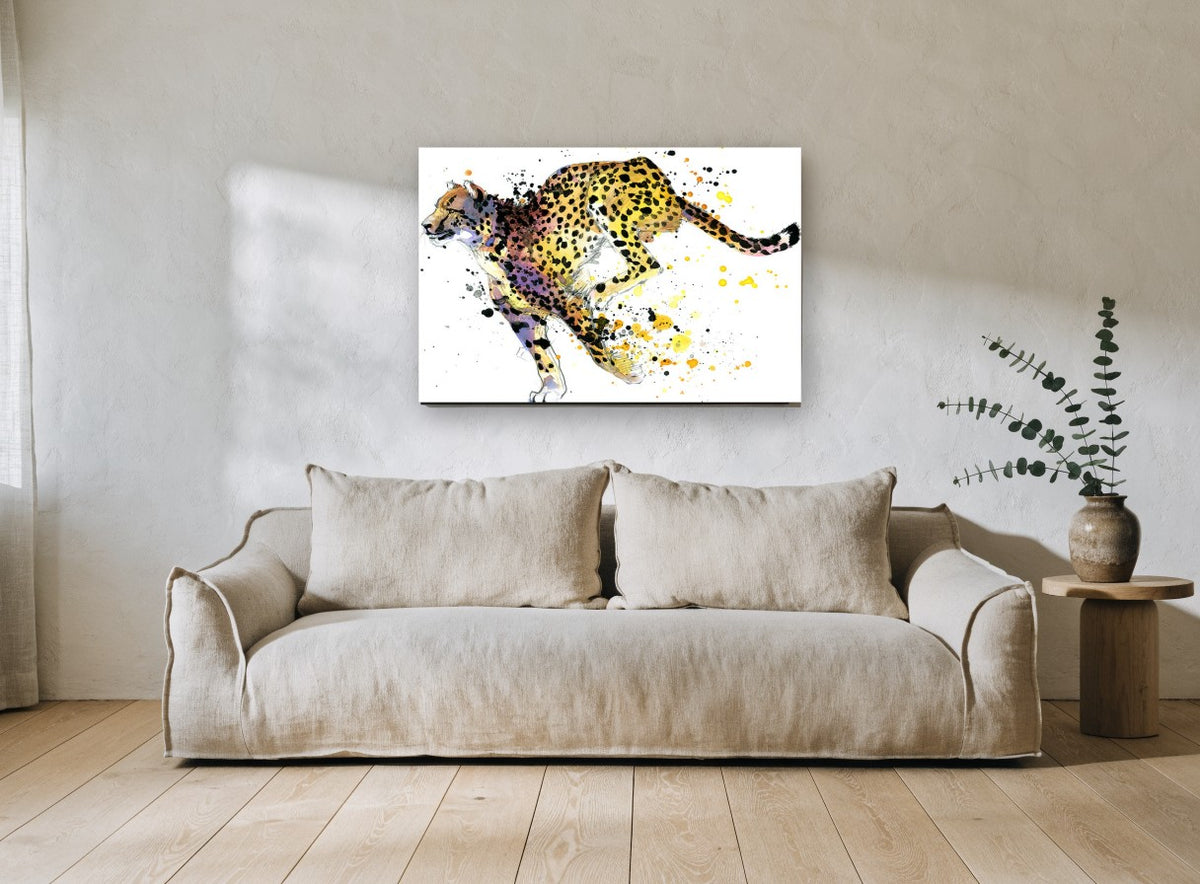 Sprinting Cheetah Splash animal canvas print on the wall of a living room