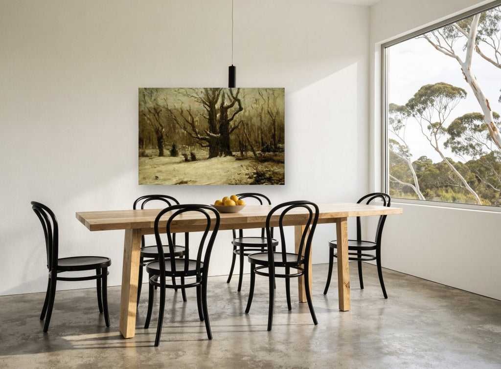Snowbound Old Oak landscape canvas print on the wall of a dining room