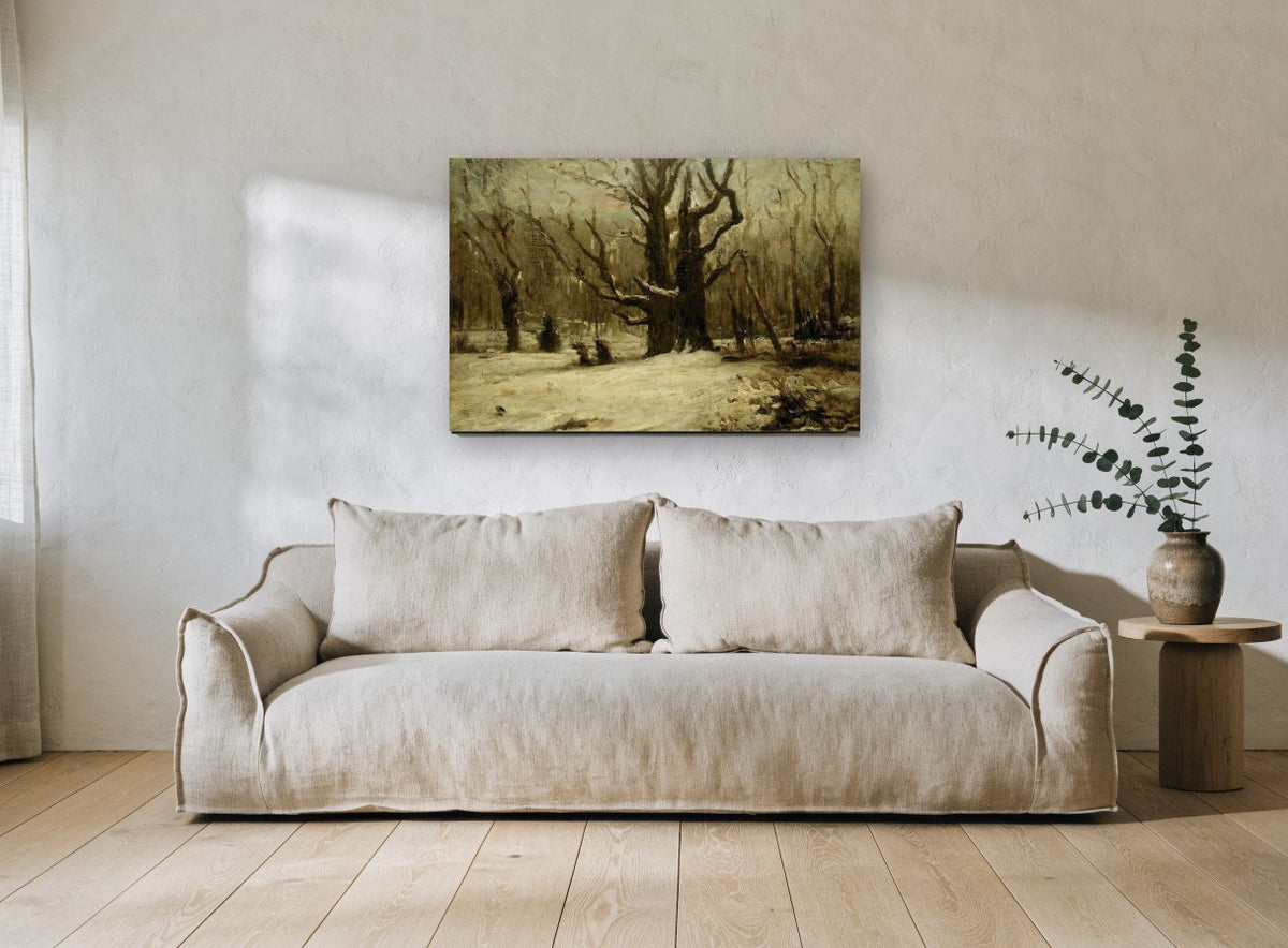 Snowbound Old Oak landscape canvas print on the wall of a living room