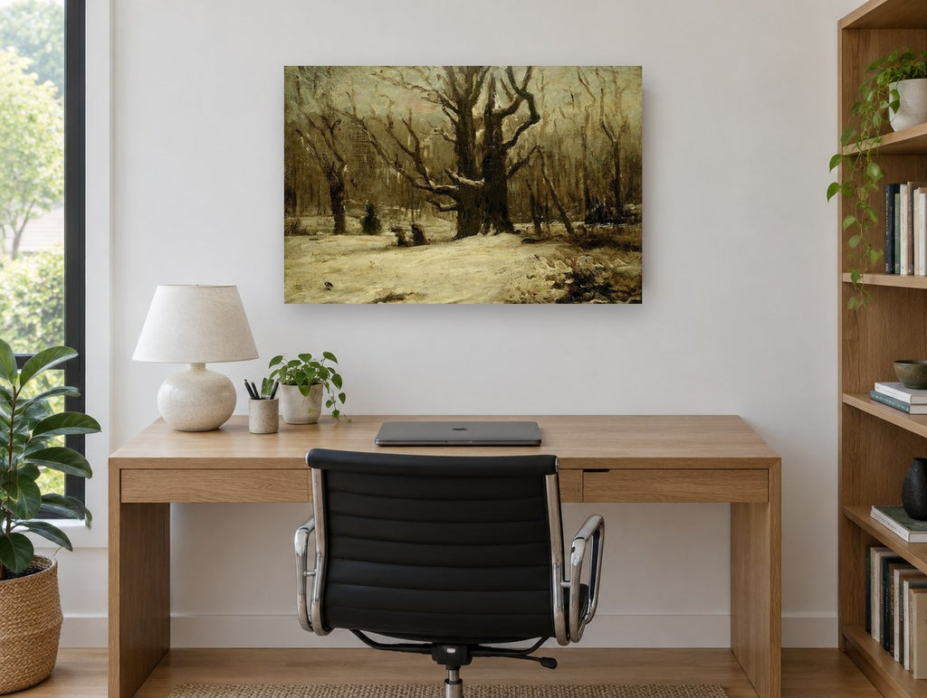 Snowbound Old Oak landscape canvas print on the wall of a study
