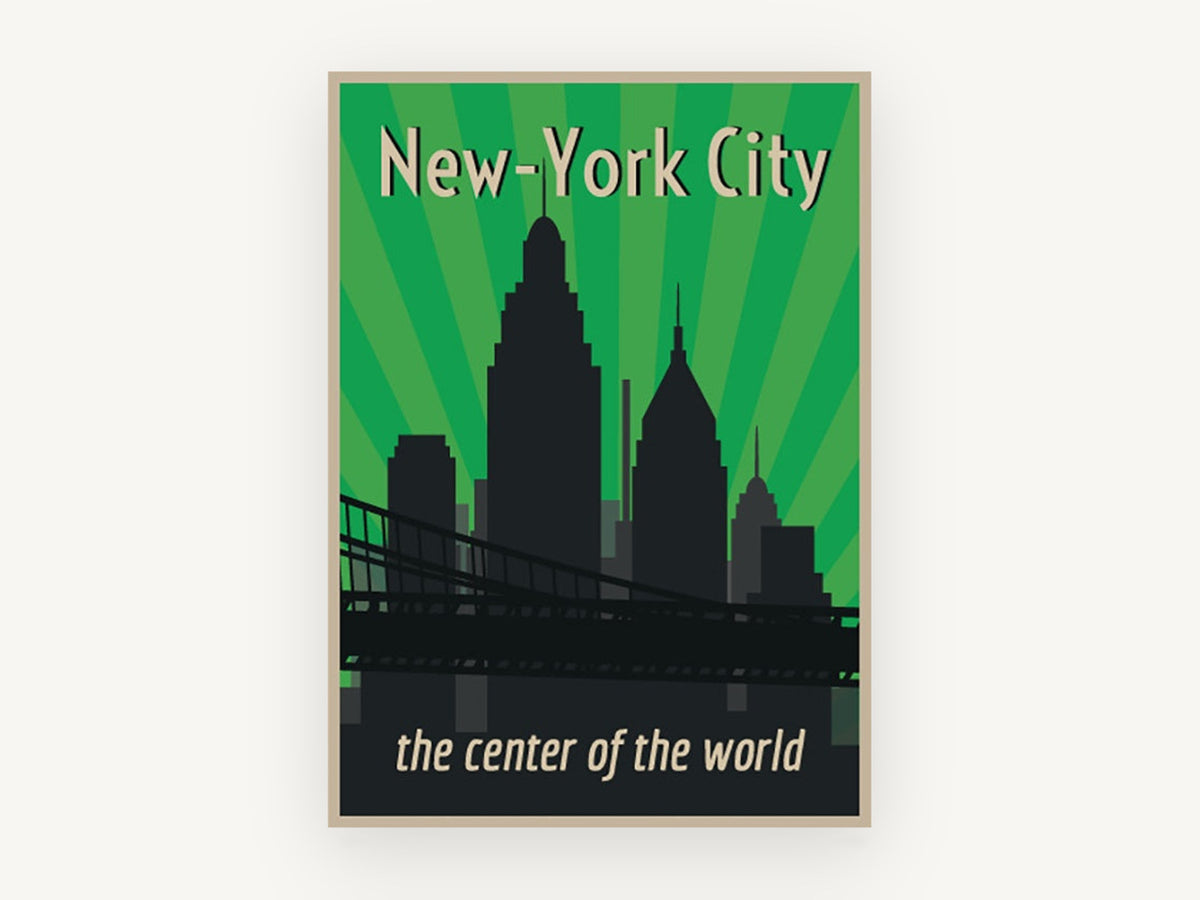 Green Rays New York, retro new york city skyline poster, city canvas wall art print, front view