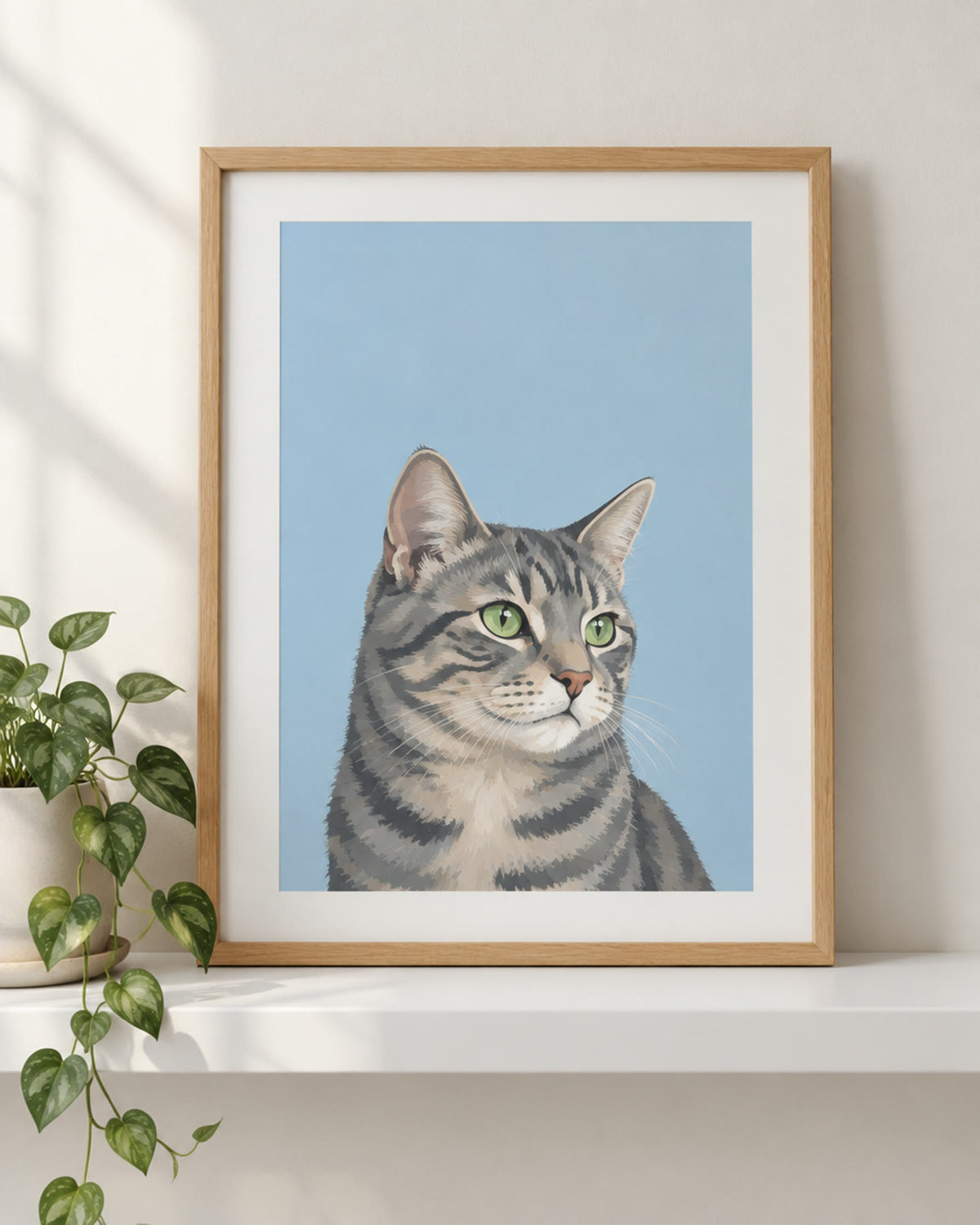 Personalised cat portrait print of a tabby cat on a sky blue background in an oak frame