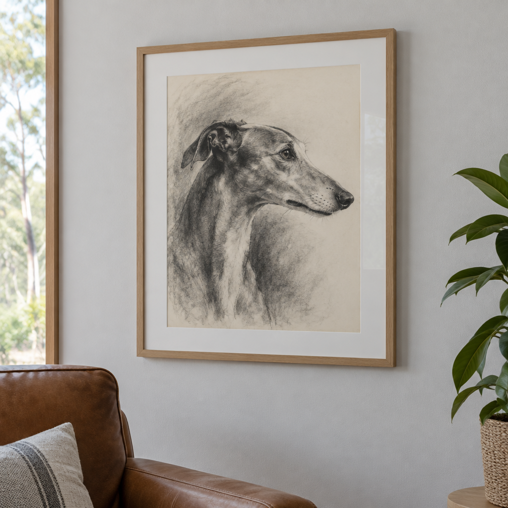 Example of a framed charcoal dog portrait of a greyhound with a white mat board, on a living room wall