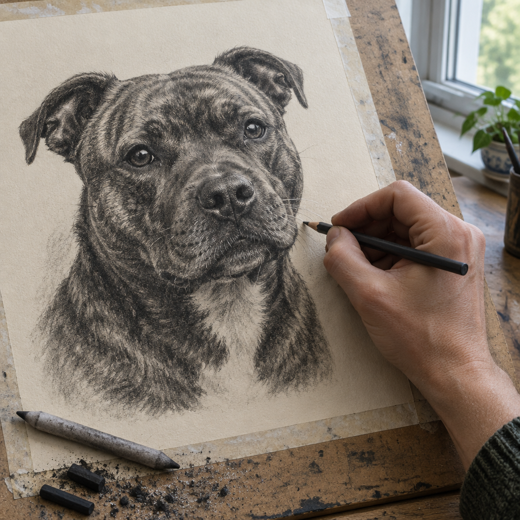 Example of a charcoal dog portrait of a brindle Staffy being finished by hand on drawing paper