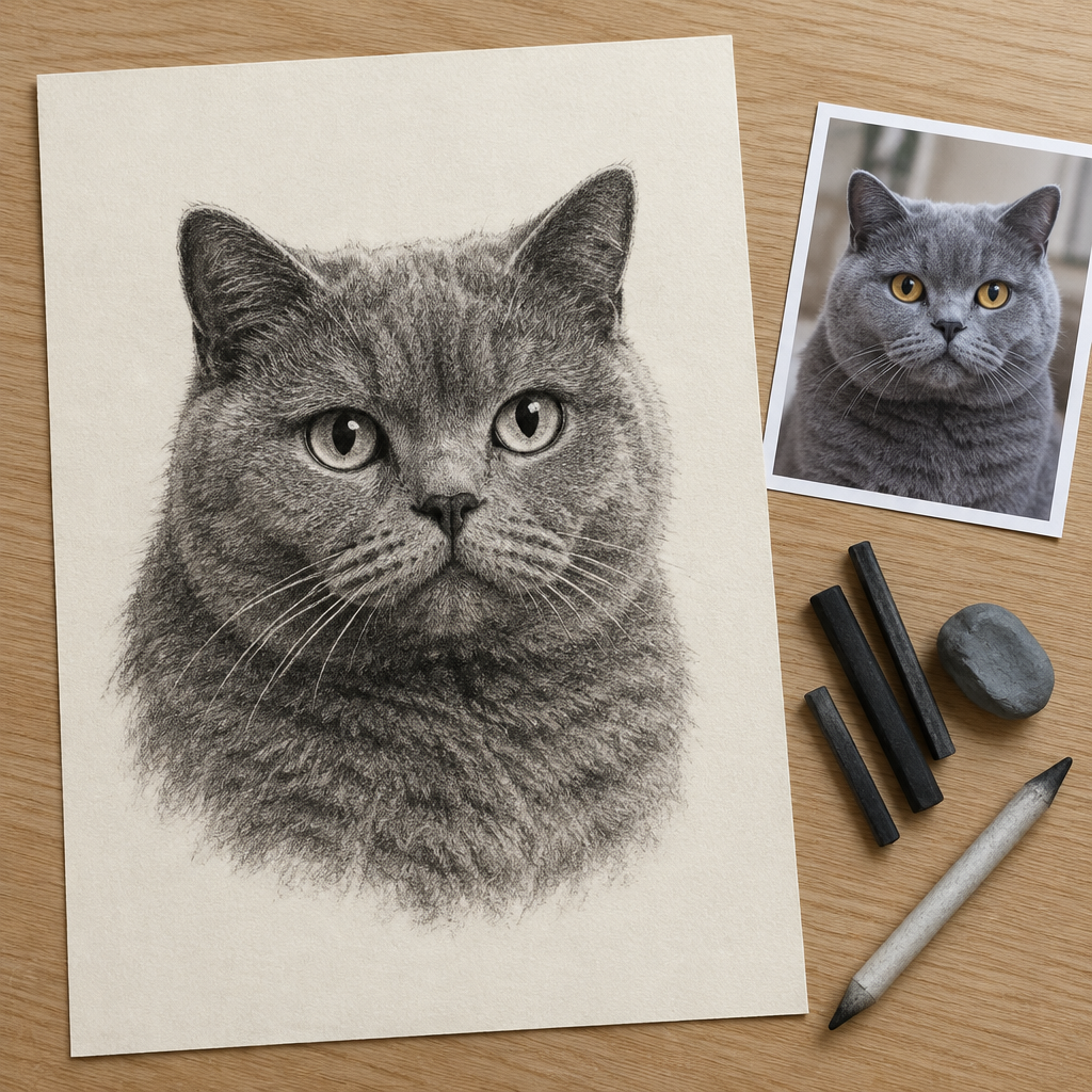 Example of a charcoal pet portrait of a British shorthair cat from a photo, on heavyweight drawing paper