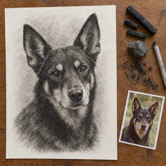 Example of a charcoal pet portrait of a kelpie from a photo, on heavyweight drawing paper