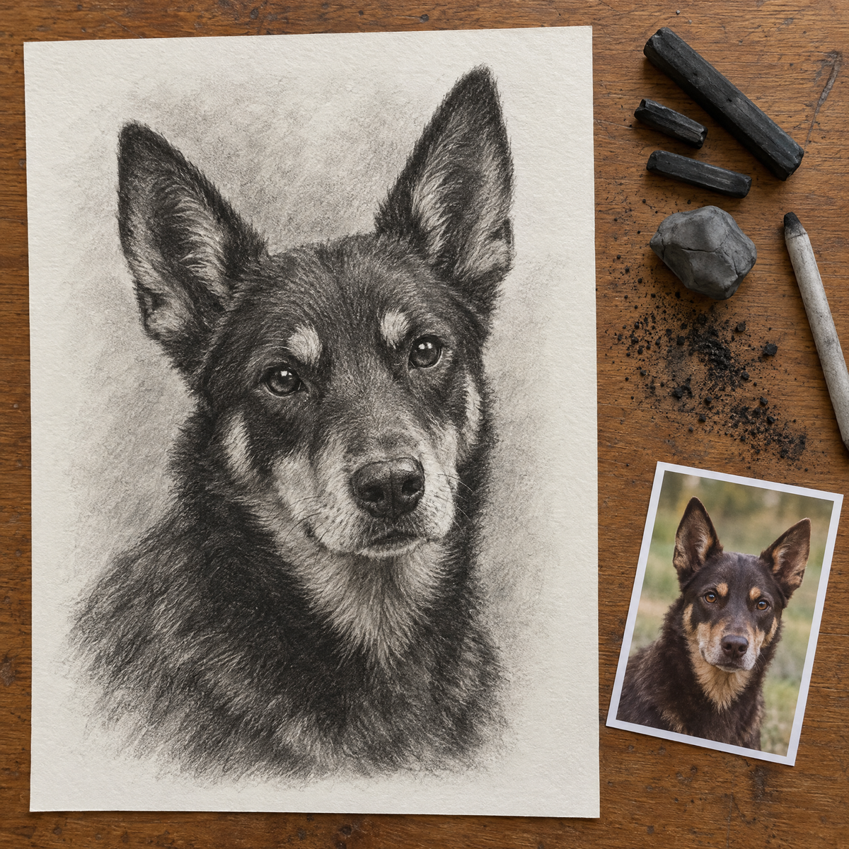 Example of a charcoal pet portrait of a kelpie from a photo, on heavyweight drawing paper