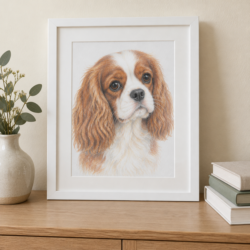 Example of a framed coloured pencil dog portrait of a Cavalier King Charles spaniel with a white mat board