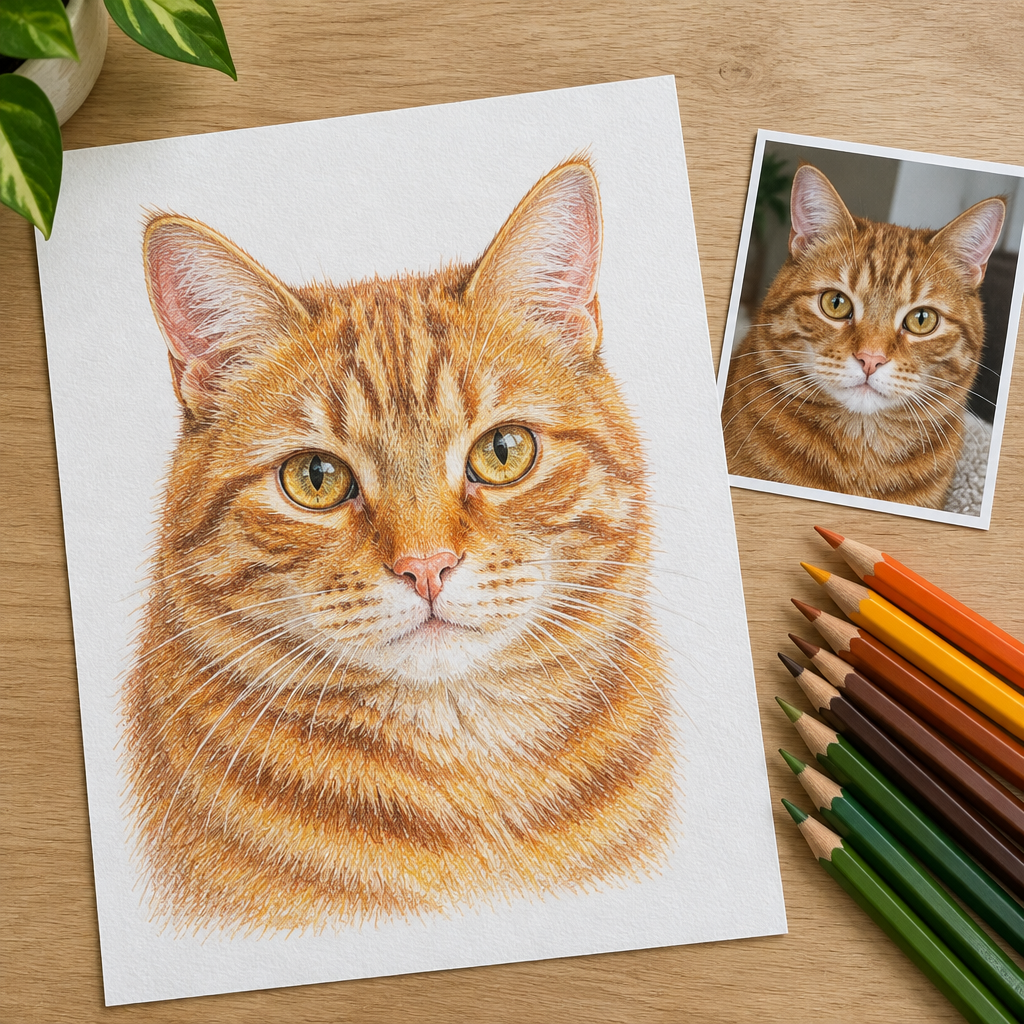 Example of a coloured pencil pet portrait of a ginger cat from a photo, on heavyweight drawing paper