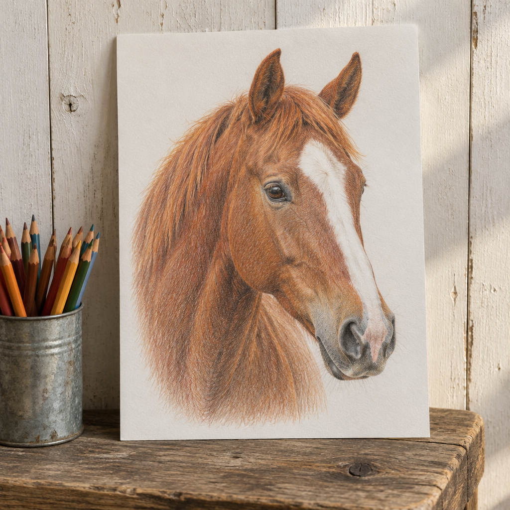 Example of a coloured pencil pet portrait of a chestnut horse, on heavyweight drawing paper
