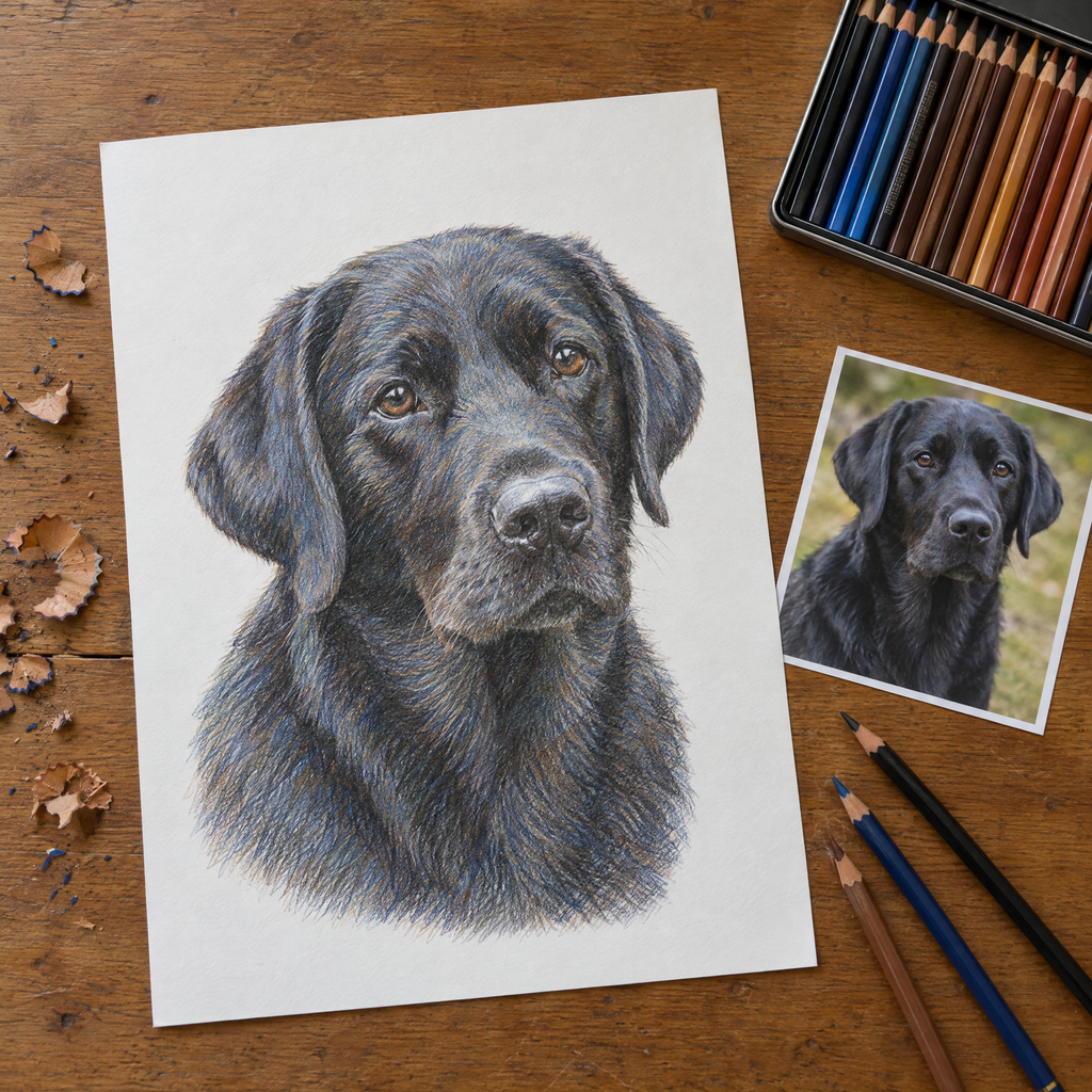 Example of a coloured pencil pet portrait of a black labrador from a photo, on drawing paper