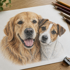 Example of a coloured pencil pet portrait of a golden retriever and a Jack Russell together, on drawing paper