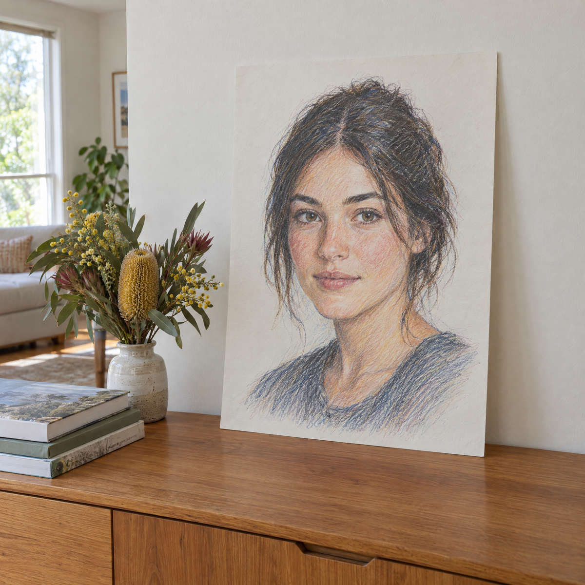 Example of an unframed coloured pencil portrait leaning on a sideboard to show size