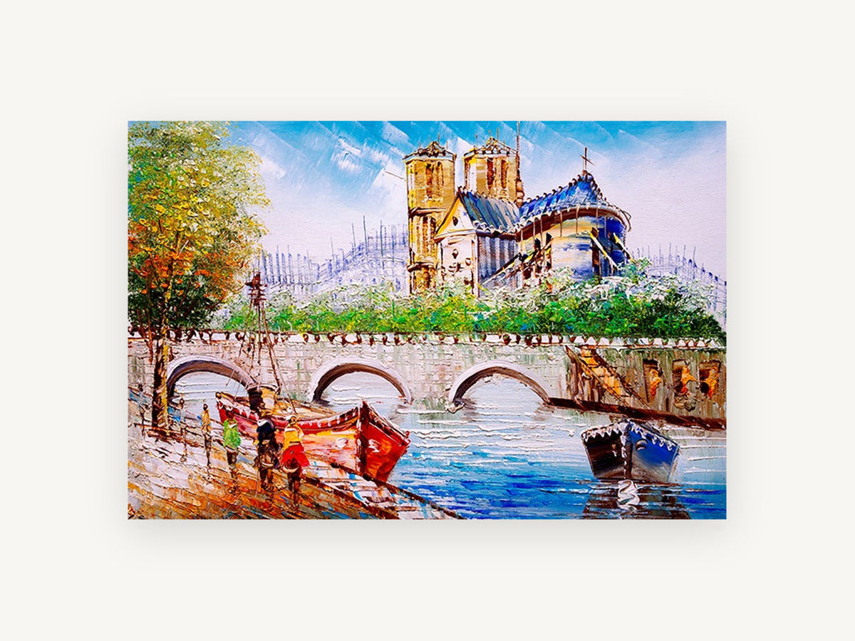 Seine Bridge Cathedral View, paris cathedral and seine bridge art, city canvas wall art print, front view