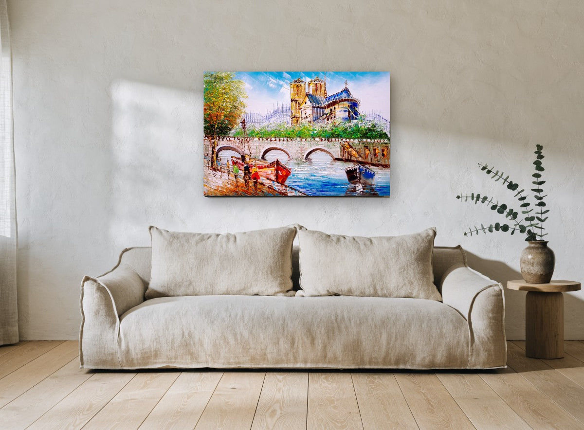Seine Bridge Cathedral View city canvas print on the wall of a living room