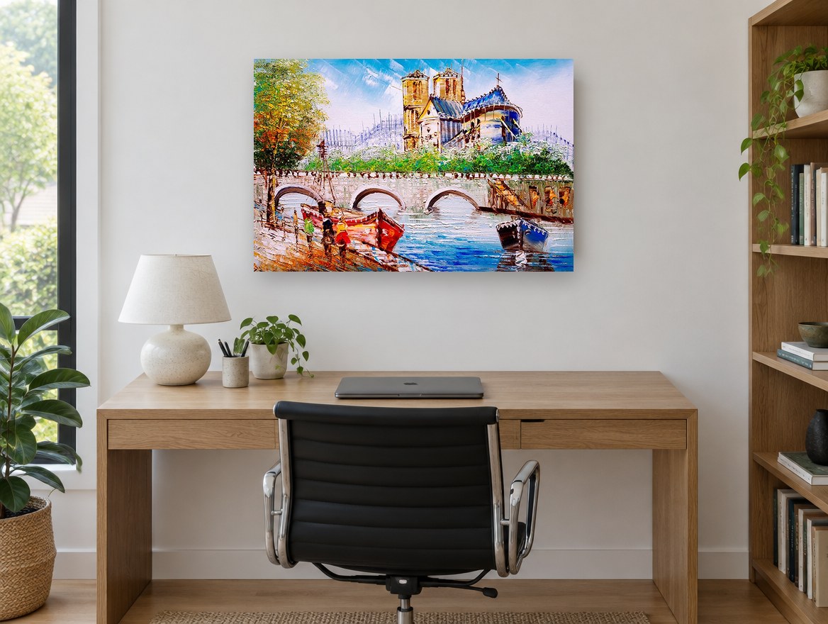 Seine Bridge Cathedral View city canvas print on the wall of a study