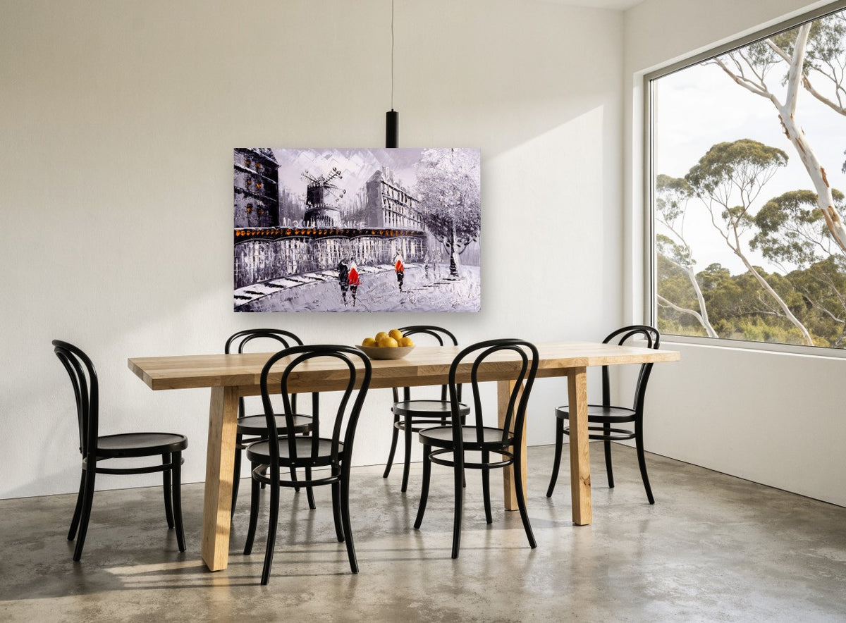 Moulin Rouge Red Coats city canvas print on the wall of a dining room
