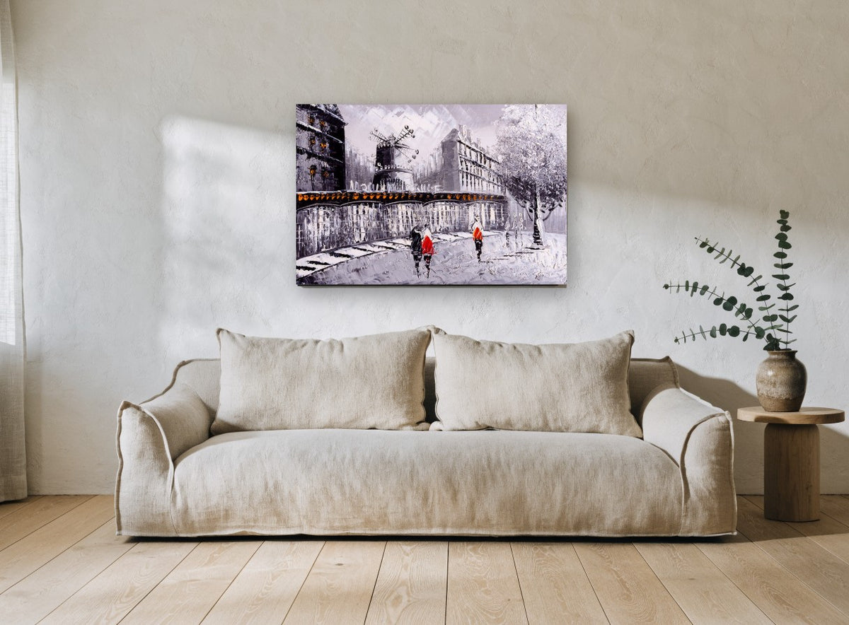 Moulin Rouge Red Coats city canvas print on the wall of a living room
