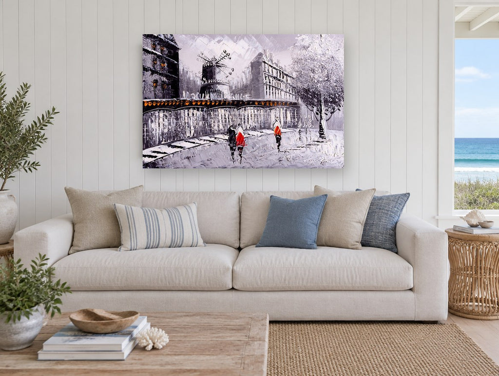 Moulin Rouge Red Coats city canvas print on the wall of a beach house living room