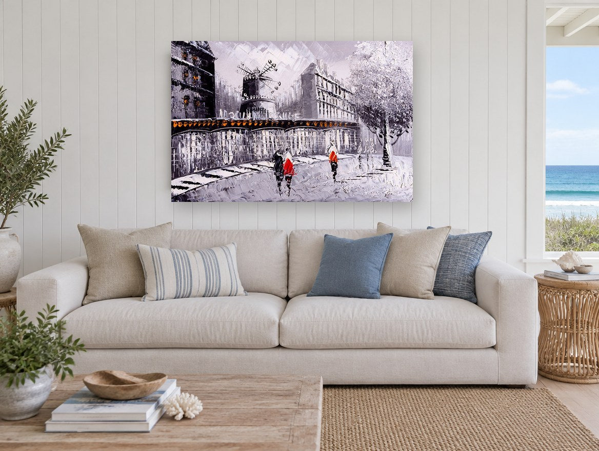 Moulin Rouge Red Coats city canvas print on the wall of a beach house living room