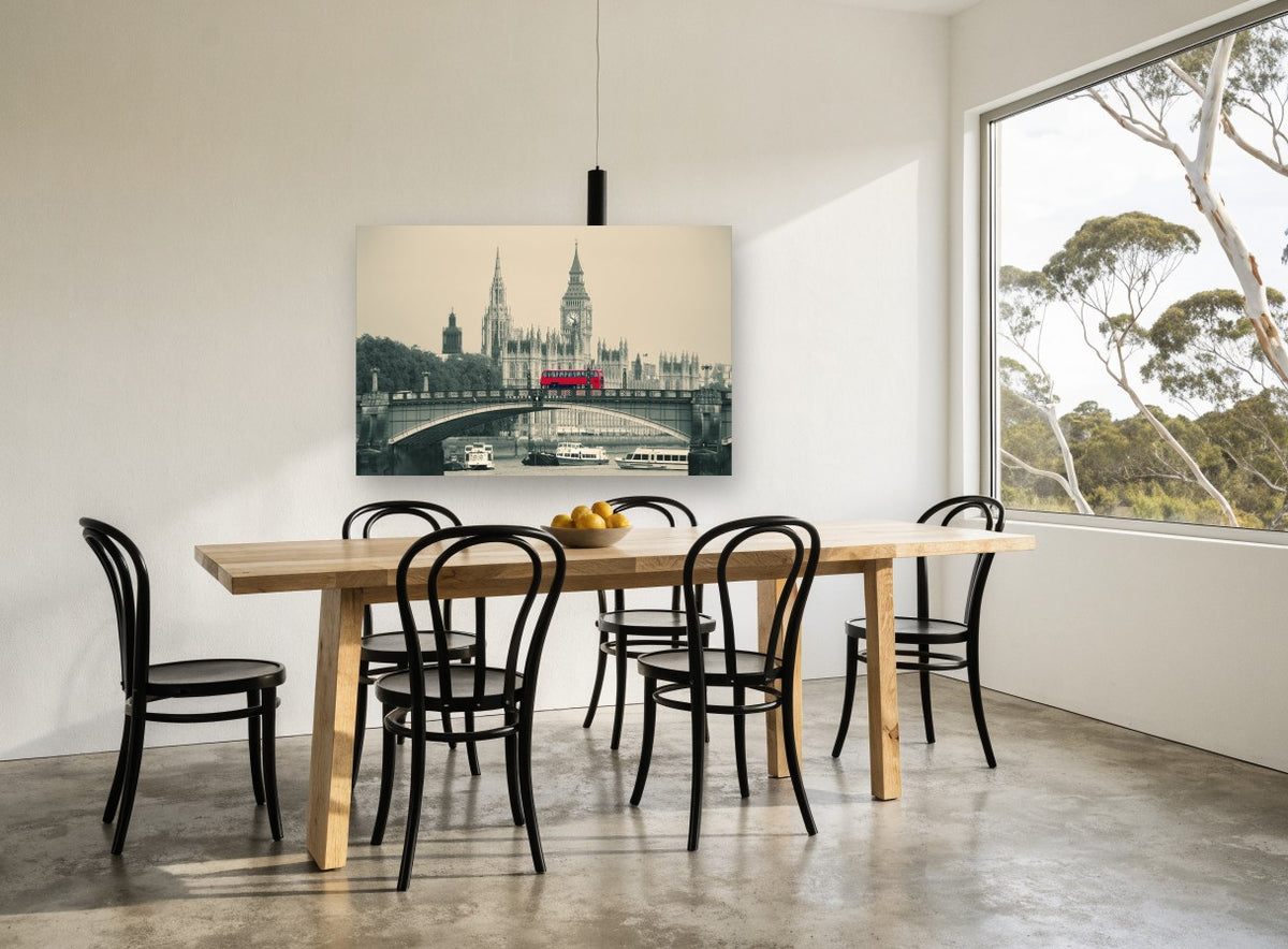 Red Bus on Lambeth city canvas print on the wall of a dining room