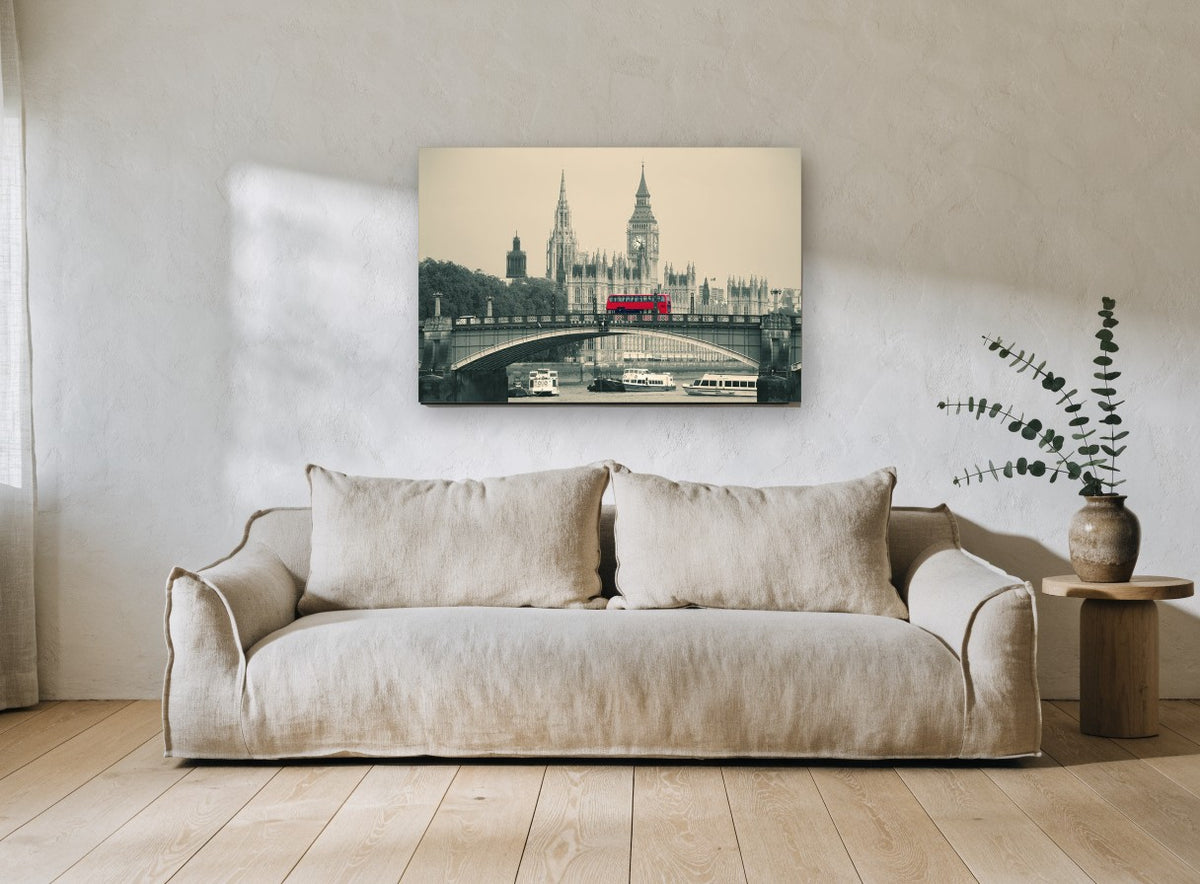 Red Bus on Lambeth city canvas print on the wall of a living room
