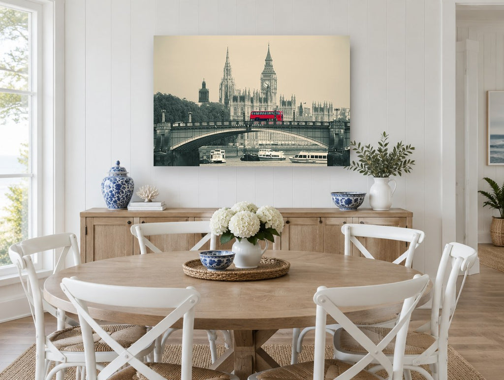 Red Bus on Lambeth city canvas print on the wall of a Hamptons dining room