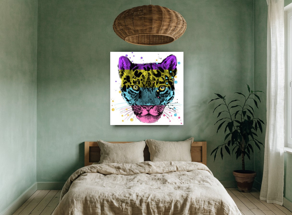 Colour Block Leopard animal canvas print on the wall of a bedroom