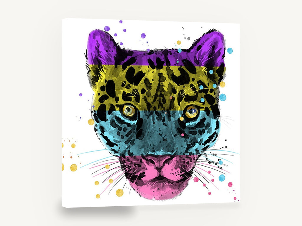 Colour Block Leopard, pop art leopard face illustration, animal canvas wall art print ready to hang