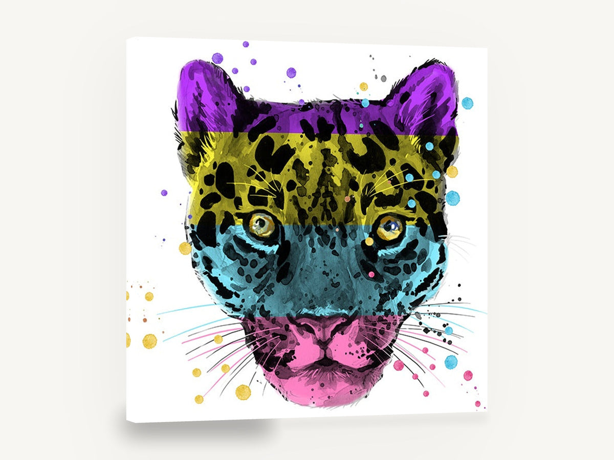 Colour Block Leopard, pop art leopard face illustration, animal canvas wall art print ready to hang